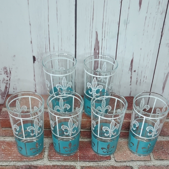 Hazel Atlas Set of 6 Glasses Tumbler White Turquoise 12oz. Highball Fleur-de-Lis - Picture 14 of 16